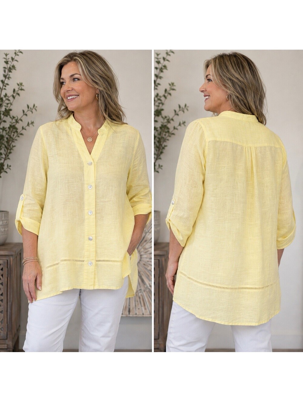 Symple NYC Shirt Linen Lagen Look Tunic Blouse Yellow L Boho Crochet Peasant